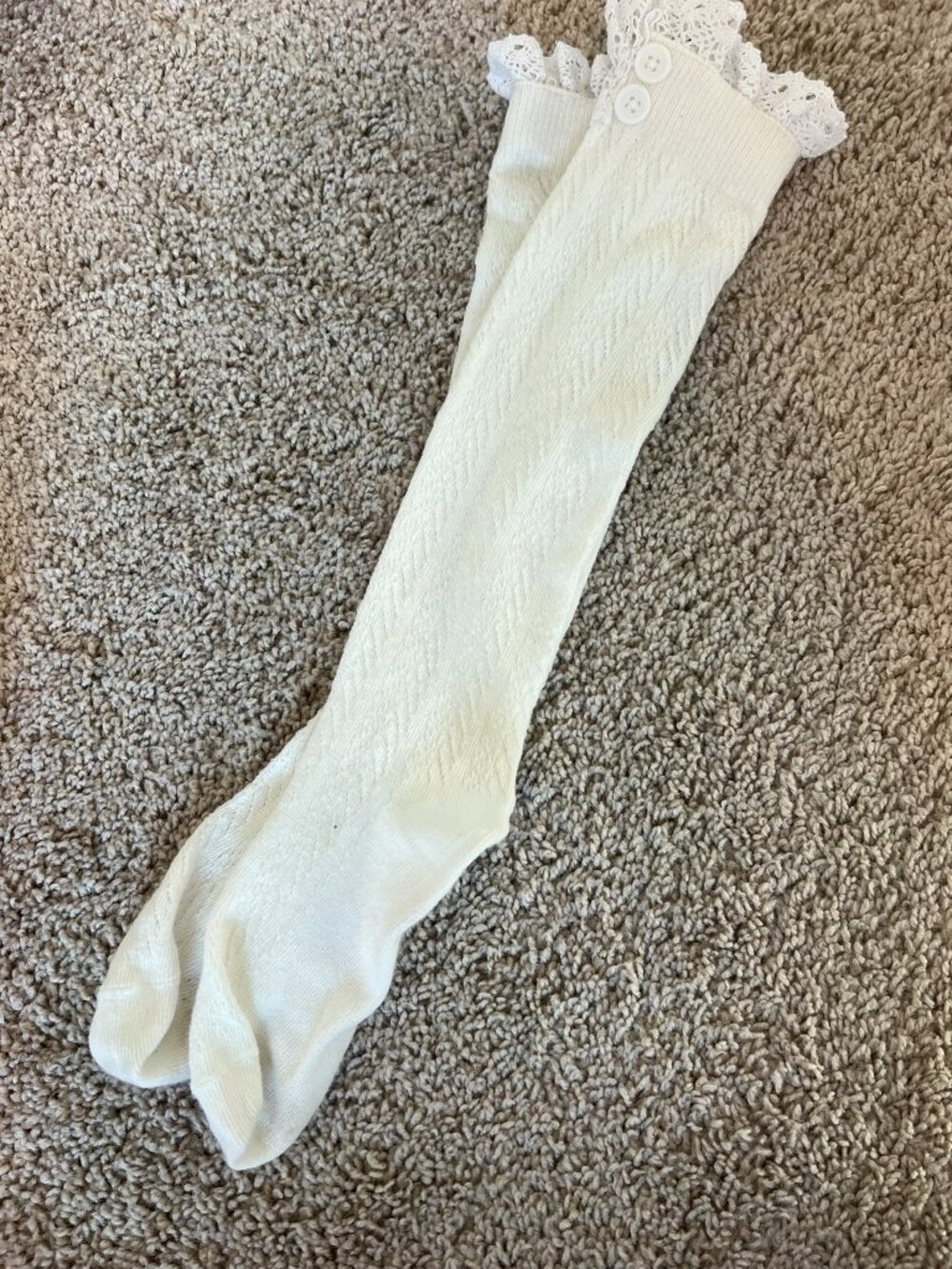 Women's White Knee-High Socks Comfort with Decorative Lace Trim Button Details